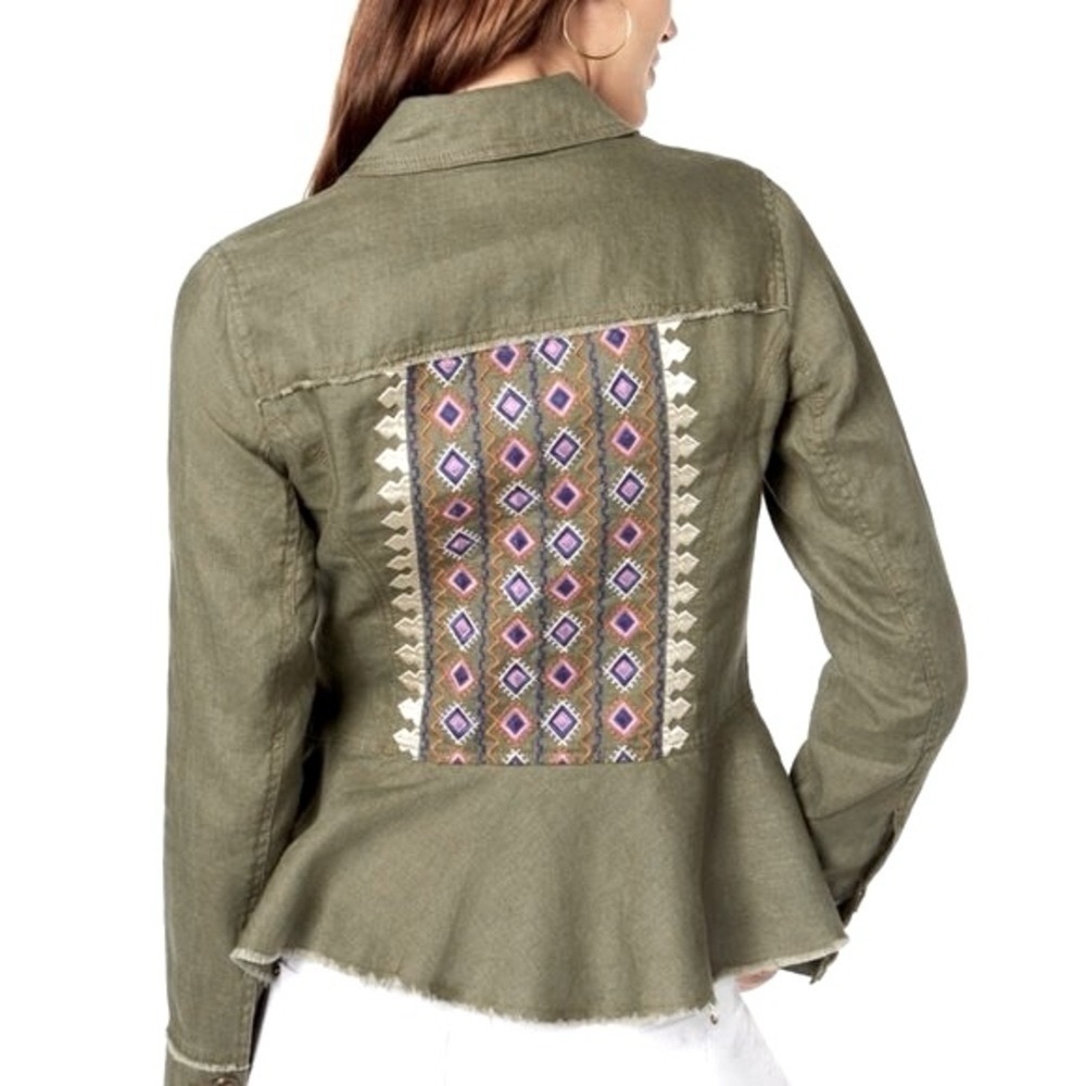 International Concepts 100% Linen Embroidered Olive Green Utility Jacket Sz M - Picture 4 of 13